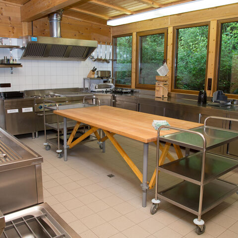 Gemeinschaftsküche mit großem Holztisch, Edelstahl-Arbeitsflächen und -geräten, Blick ins Grüne aus den Fenstern