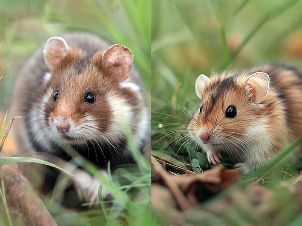 Die KI-Darstellung (r.) des Feldhamsters ähnelt eher einem Goldhamster. Das echte Tier (l.) ist deutlich größer und massiger, der Kopf ist länger und läuft zur Nase hin spitzer zu.