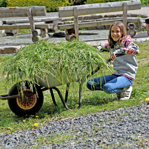 Mädchen hockt neben Schubkarre voller Grünschnitt auf Wiese 